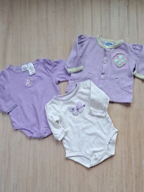 Baby Girl Lilac Butterfly Cottagecore 3-Piece 100% Cotton Bodysuit Cardigan